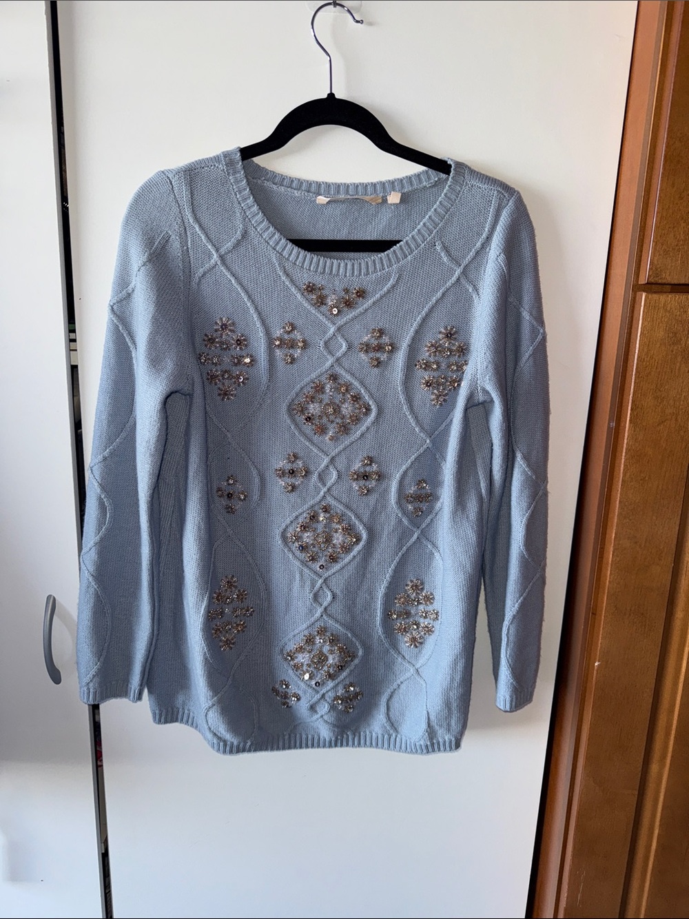 Soft Surroundings Light Blue Embellished Crew Neck Sweater